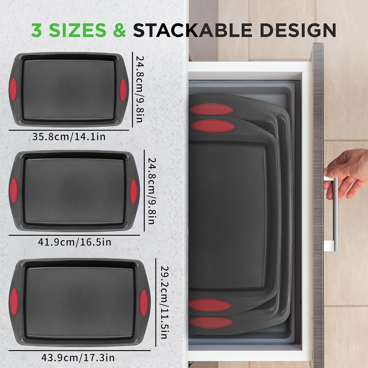 3-4pcs Non-stick Kitchen Oven Baking Pan - High Quality Stylish Non-stick Steel, Commercial Grade Restaurant Quality Metal Baking Pan Including Large, Medium And Small Pans For Baking And Baking With Red Silicone Handles - Easy To Clean, Black