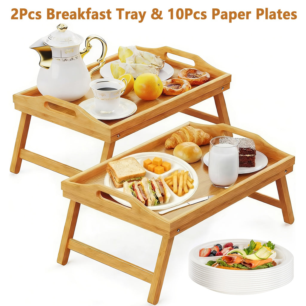 2pcs Bamboo Breakfast Tray with Folding Legs & Handles - Extra Wide Stable Food-Safe Bed Tray Table for Eating, Working, Drawing - Portable Foldable Design for Sofa, Bed, Lazy People, Bedside Table | Natural Look | with 10pcs Paper Plates