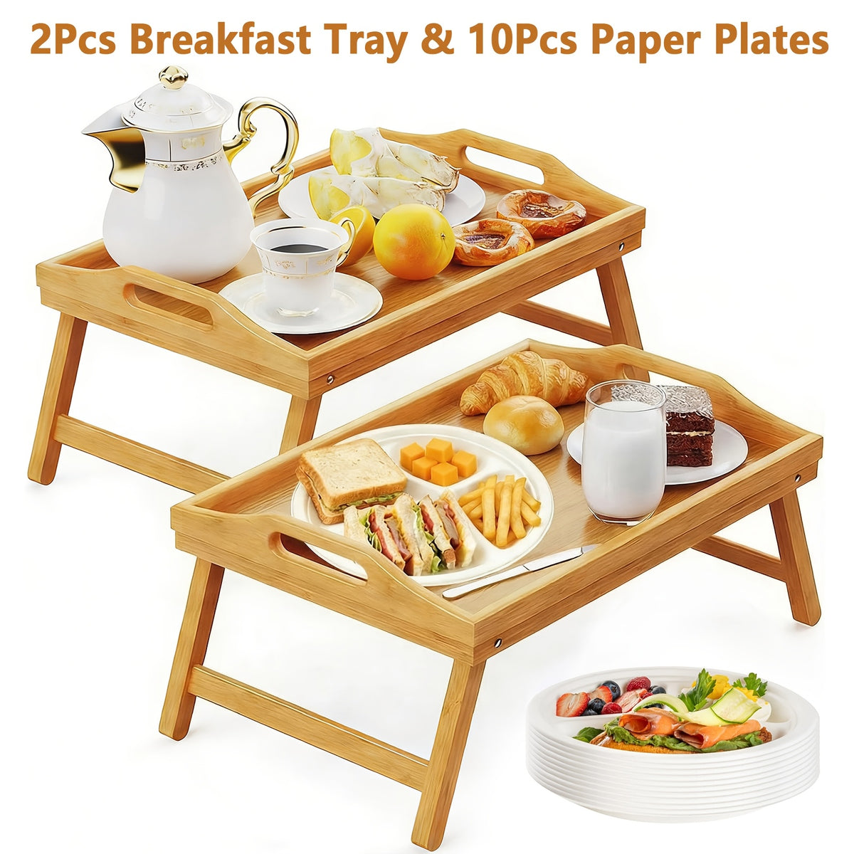 2pcs Bamboo Breakfast Tray with Folding Legs & Handles - Extra Wide Stable Food-Safe Bed Tray Table for Eating, Working, Drawing - Portable Foldable Design for Sofa, Bed, Lazy People, Bedside Table | Natural Look | with 10pcs Paper Plates