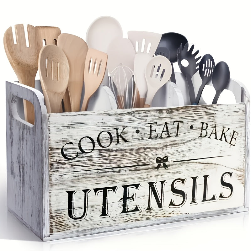 Extra Large Rustic Wooden Utensil Organizer - 3-Compartment Countertop & Wall-Mounted Storage Box for Cooking/Baking Tools, Heavy-Duty Kitchen Rack with Multi-Functional Design (Natural Wood)