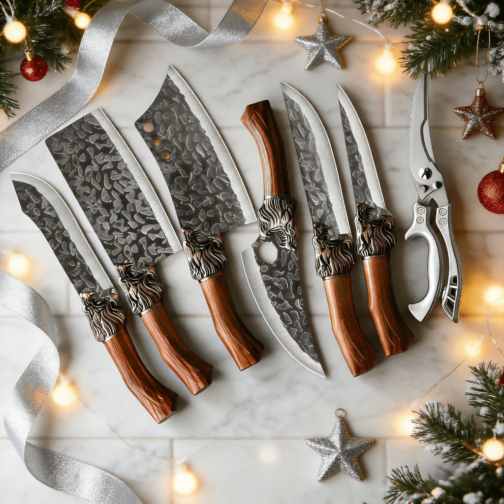 7pcs Professional Stainless Steel Kitchen Knife Set- Includes Boning Knife, Slicing Knife, Carving Knife, Fish Knife, Butcher Knife, And Scissors- Ultra Sharp, Suitable For Meat And Fish, Forged Set, Bone Knife, Multi-Piece Knife Set, Professio