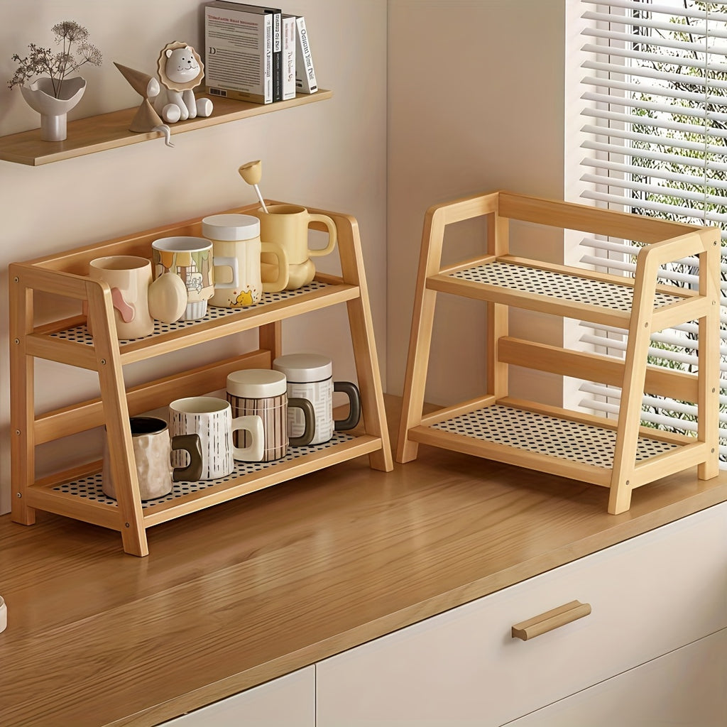 Bamboo Countertop Shelf Organizer, 2-Tier Trapezoid Storage Rack with Plastic Rattan Shelves for Coffee Mugs, Kitchen Essentials, Desks and Dorm Rooms