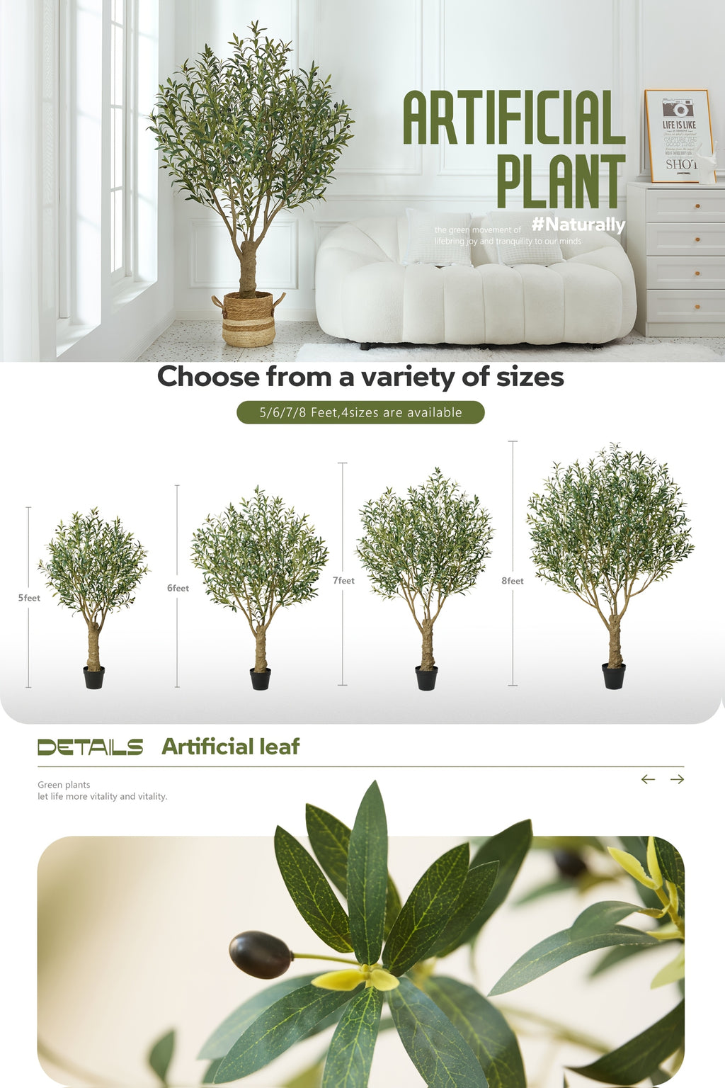5/6/7/8ft Artificial Olive Tree, Faux Olive Plant with Black Planter, 39/49/54/62 Branches & 1390/2055/2871/4007 Silk Leaves, Perfect for Indoor Home Office Decor, Living Room, Bedroom, And Gift Ideas
