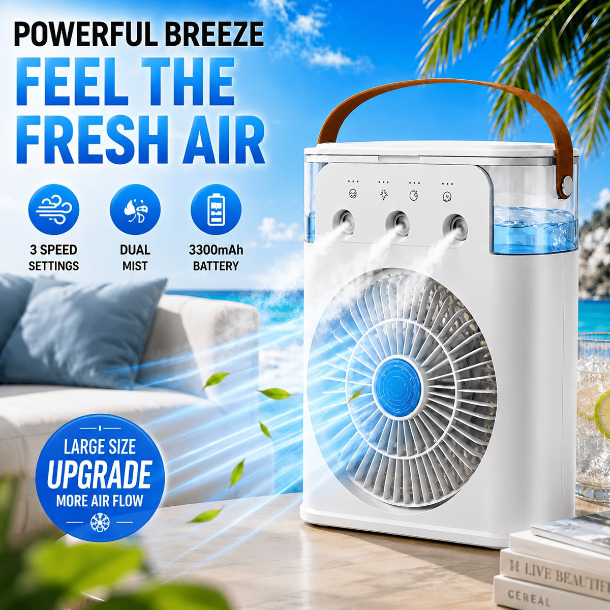Portable USB Mist Fan With A Powerful 3300mAh Rechargeable Battery, Three Wind Speeds And Two Mist Modes, Comes With A Seven-color LED Mood Light And Timer Function, Perfect For Bedrooms, Offices, Dorms, And Camping To Help Ease The Summer Heat.