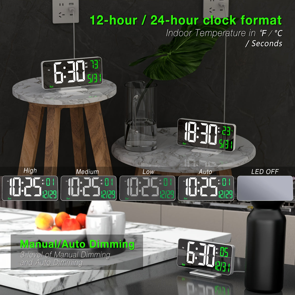 1pc Alarm Clock For Bedroom, 6. 7" Desk Digital Clock, Led Clock, Mirror Clock, Dual Alarm Clock For Living Room With Seconds, Date, Week, 12/24h, Dimming