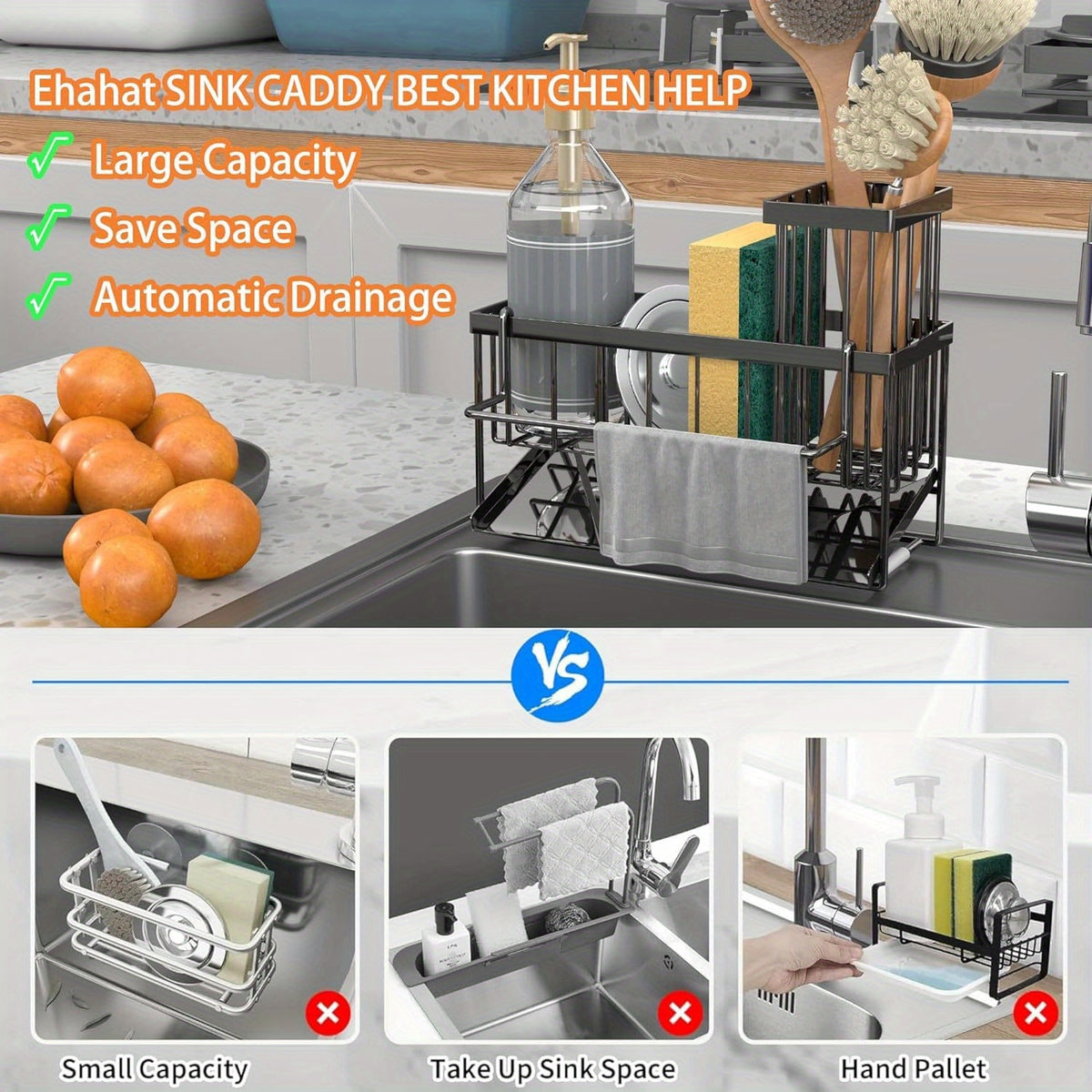 1pc Sponge Holder For Kitchen Sink With Drain Design And Dishcloth Rack, 304 Stainless Steel Sink Rack With Tall Brush Holder, Kitchen Sink Storage Box For Countertop, Soap Dispenser, Kitchen Organizer, And Essential Storage Accessories.