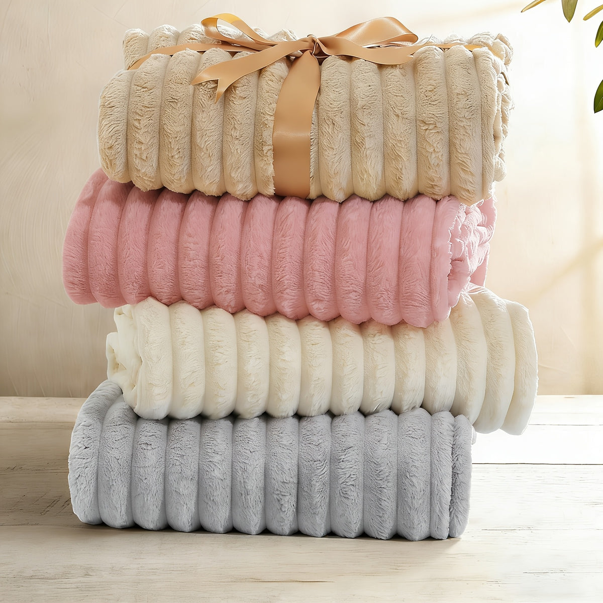 Luxurious Double-Sided Faux Rabbit Fur Throw Blanket - Cozy Striped Flannel, Soft And Warm for Naps, Office, Camping, Sofa - Versatile Polyester Bed Cover, Perfect Christmas Gift