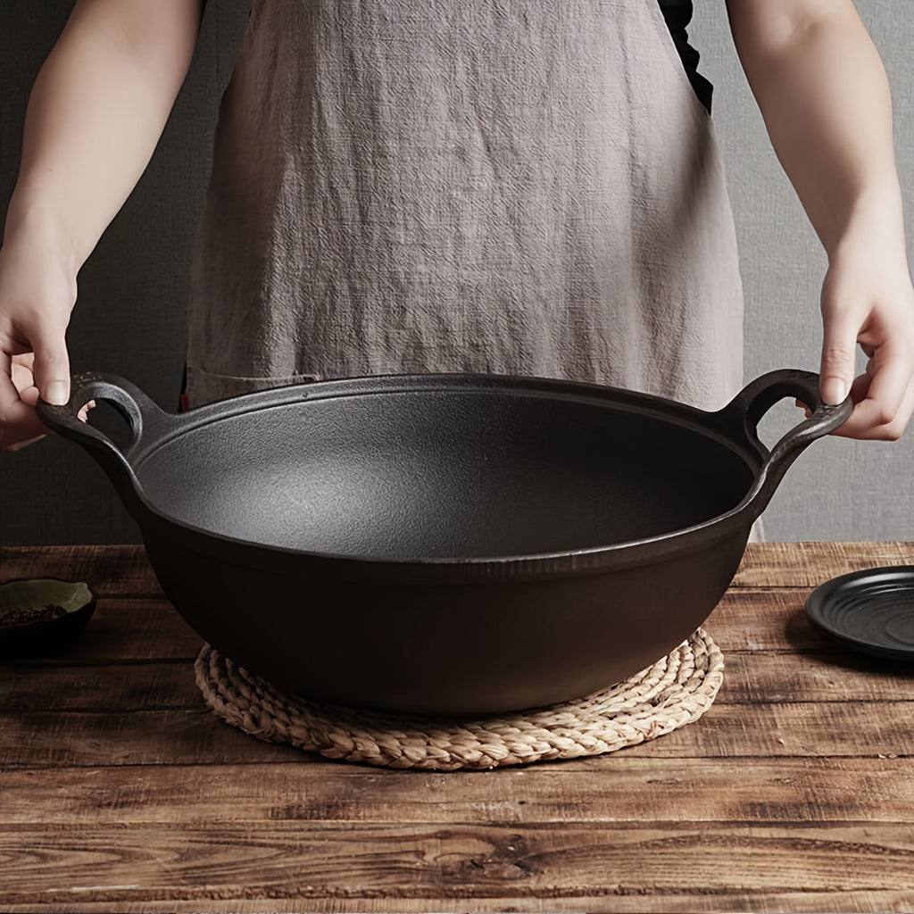 5 Sizes Cast Iron Wok, 7.87/ 9.84/ 10.62/ 11.81/ 12.59in Heavy-Duty Cast Iron Skillet, Traditional Uncoated Deep Stir-Fry Pan, Multi-functional Kitchen Cookware, Durable Cooking Pot with Dual Handles, Grilling Steaks & Baking, Ideal for Home, Outdoor