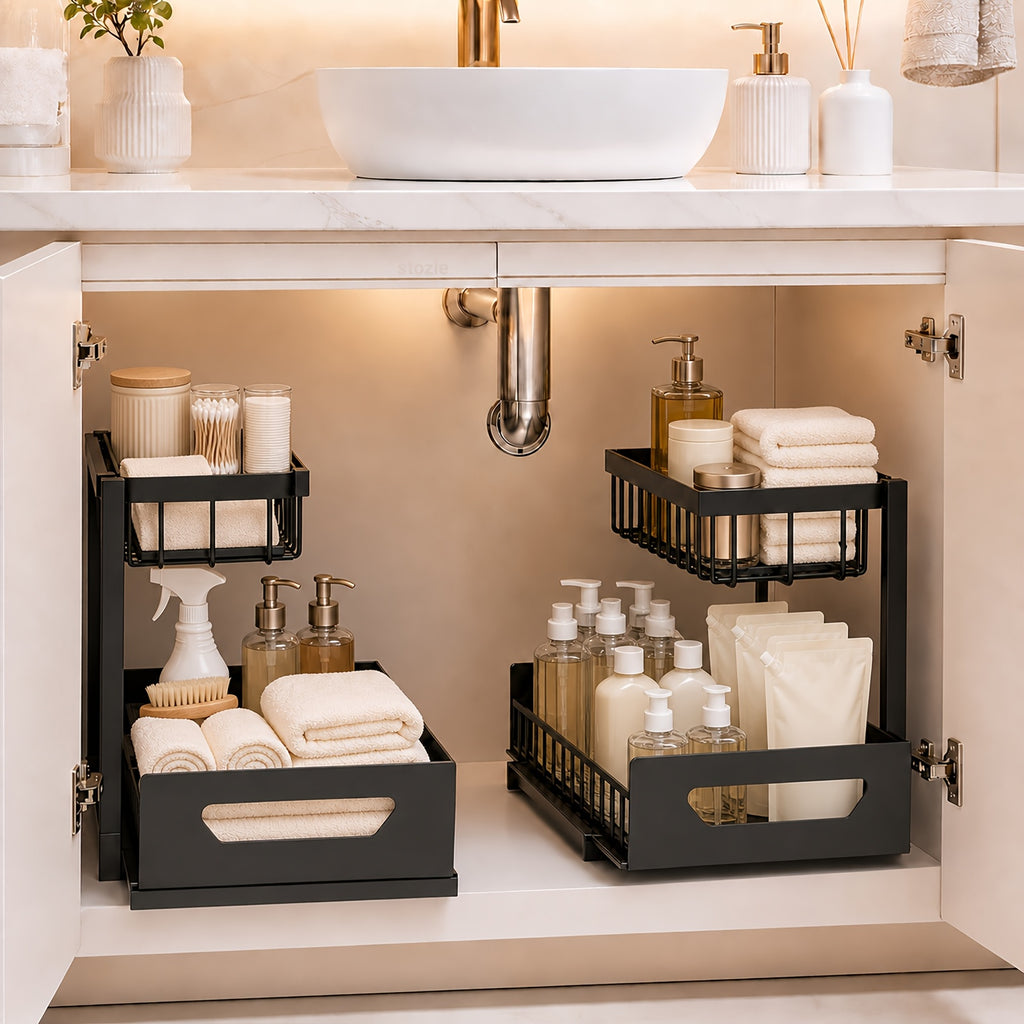2-story Kitchen Sink Storage Containers, Push-pull Cabinet Organizer, Kitchen and Bathroom Organizers and Storage, Study, Tabletop, Metal Sliding Drawers, Practical and Convenient Kitchen Accessories Essentials, Kitchen Organizers and Storage
