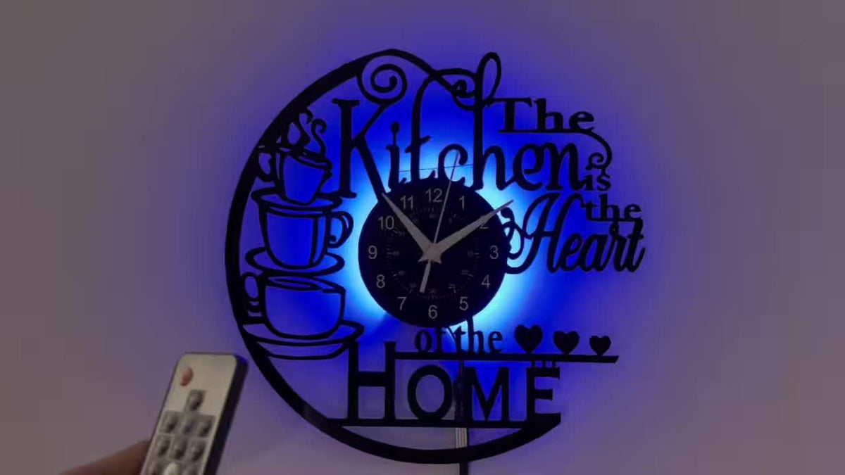 Vinyl Record Wall Clock with Heart of Home Crown Design, Silent Vintage Kitchen and Living Room Decor with Optional 7-Color LED Mood Lighting