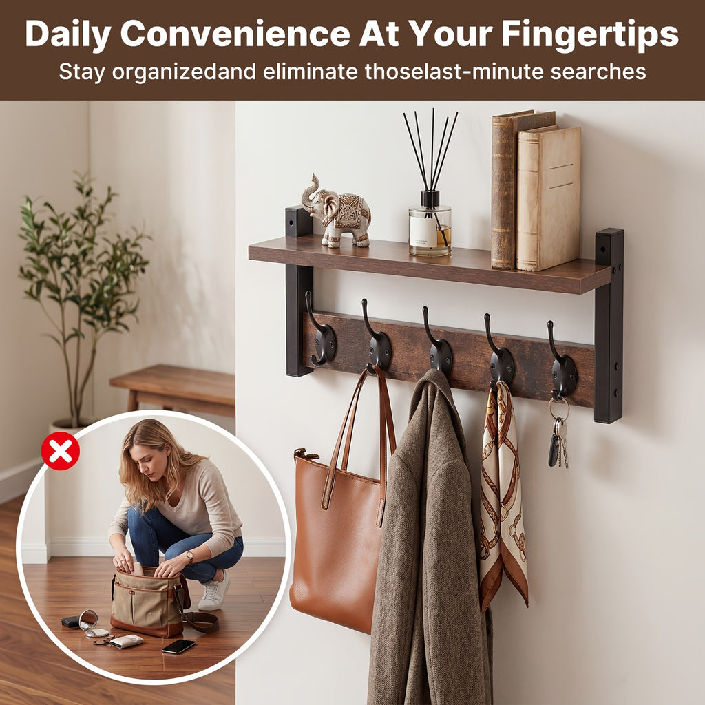 Wooden Wall-Mounted Shelf - Coat And Key Organizer with Floating Shelf And 5 Hooks, Key Rack for Bedroom And Entryway Storage, Towel Organizer for Bathroom, Suitable for Kitchen, Living Room, Bedroom, Bathroom