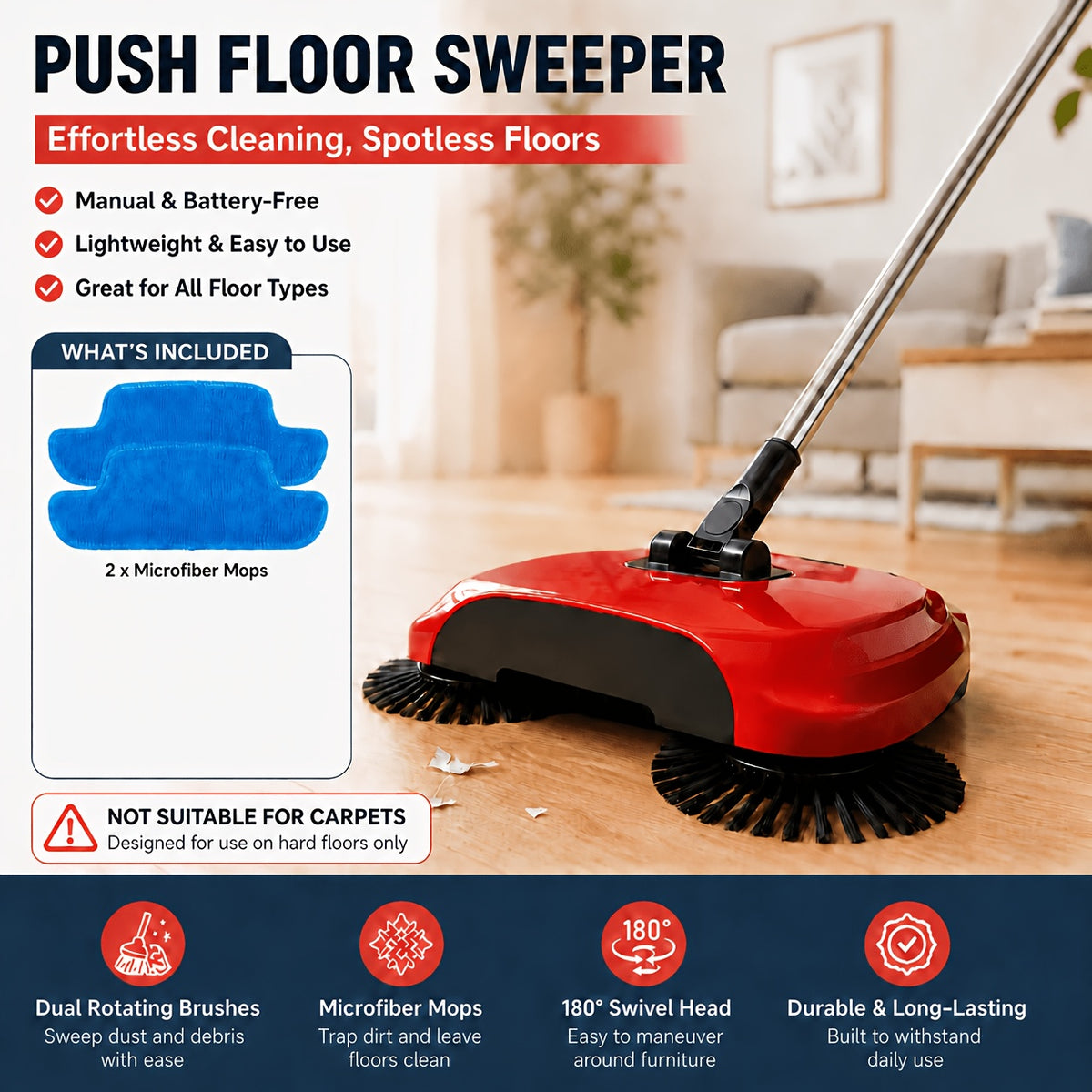 3-in-1 Hand Push Broom, Multifunctional Cleaning Tool Sweep Mop, Long Handle Push Broom with Auto Spiral Deep Clean System, Easy Cleaning Close Fit to The Floor, Ideal for Hardwood, Ceramic, Tiles, Kitchen, Home, Office, Cleaning Supplies