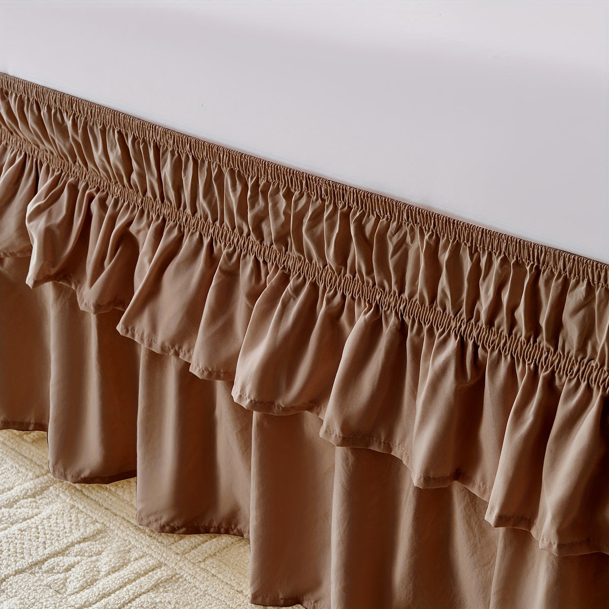Double Ruffle Bed Skirt 16 Inch Drop, Elastic Wrap Around Bed Skirts For Twin Full Queen King Size Bed, Easy To Install Dust Ruffle, Machine Washable Soft Fabric, Multi Ruffle Bedskirt For Bedroom Bedding Home Decor