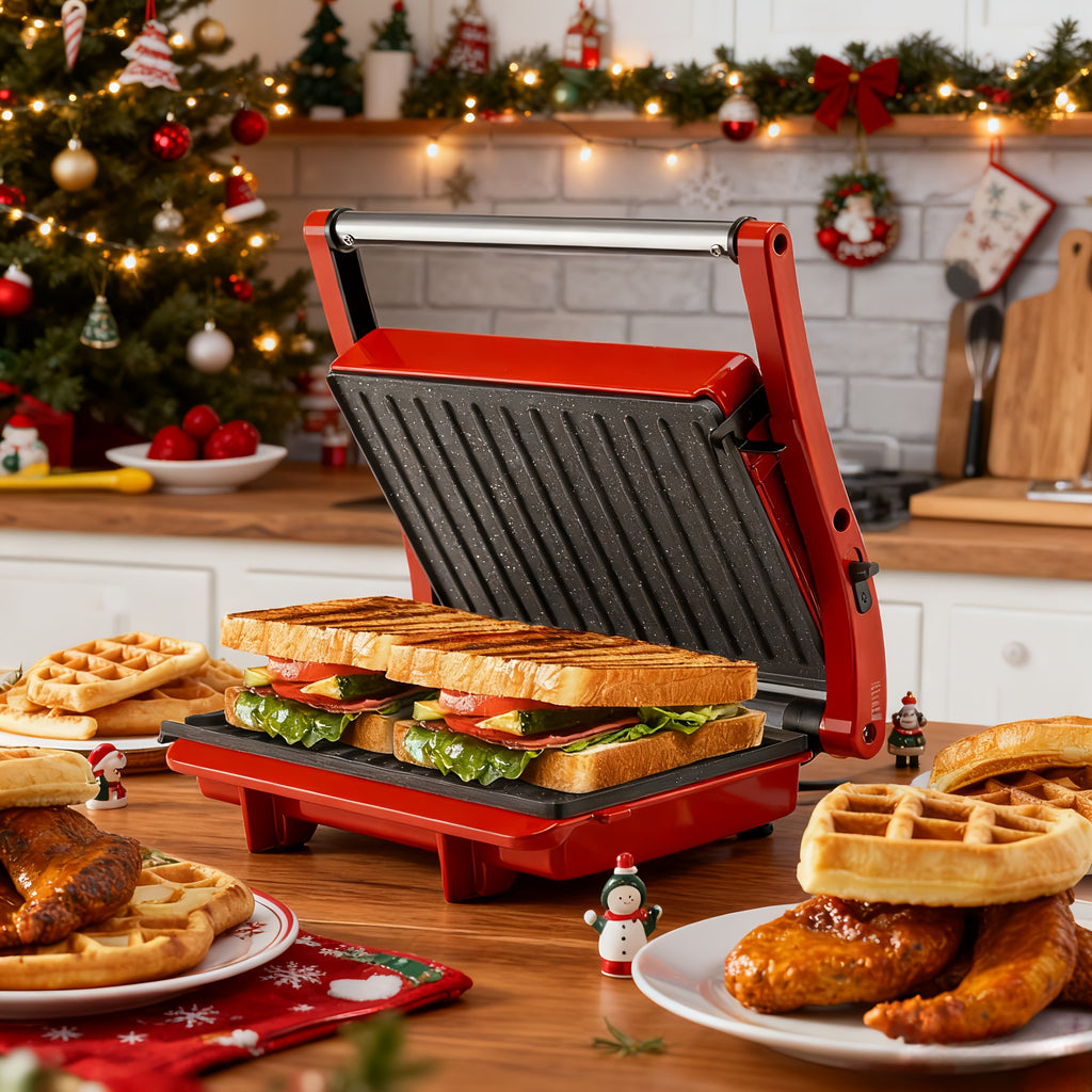 3-in-1 Electric Indoor Grill - Panini Press With Non-Stick Cooking Plates, Opens 180-Degree Gourmet Sandwich Maker, Floating Hinge Fits All Foods, Panini Press Grill With Grease Tray
