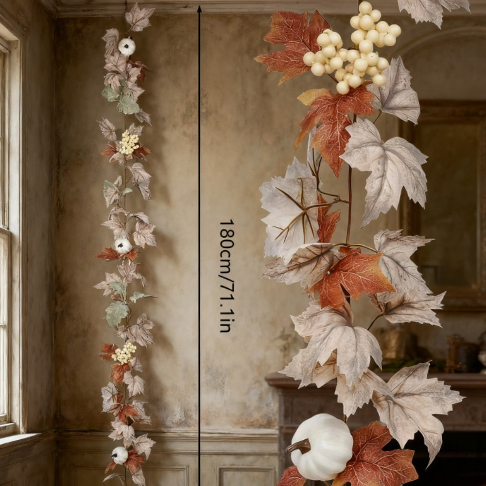 1pc Autumn Pumpkin Wreath, 71.1 Inch Artificial Maple Leaf Pumpkin Berry Vine Wreath with Pumpkin Maple Leaf Garland for Wedding, Thanksgiving Table, Farmhouse Decoration