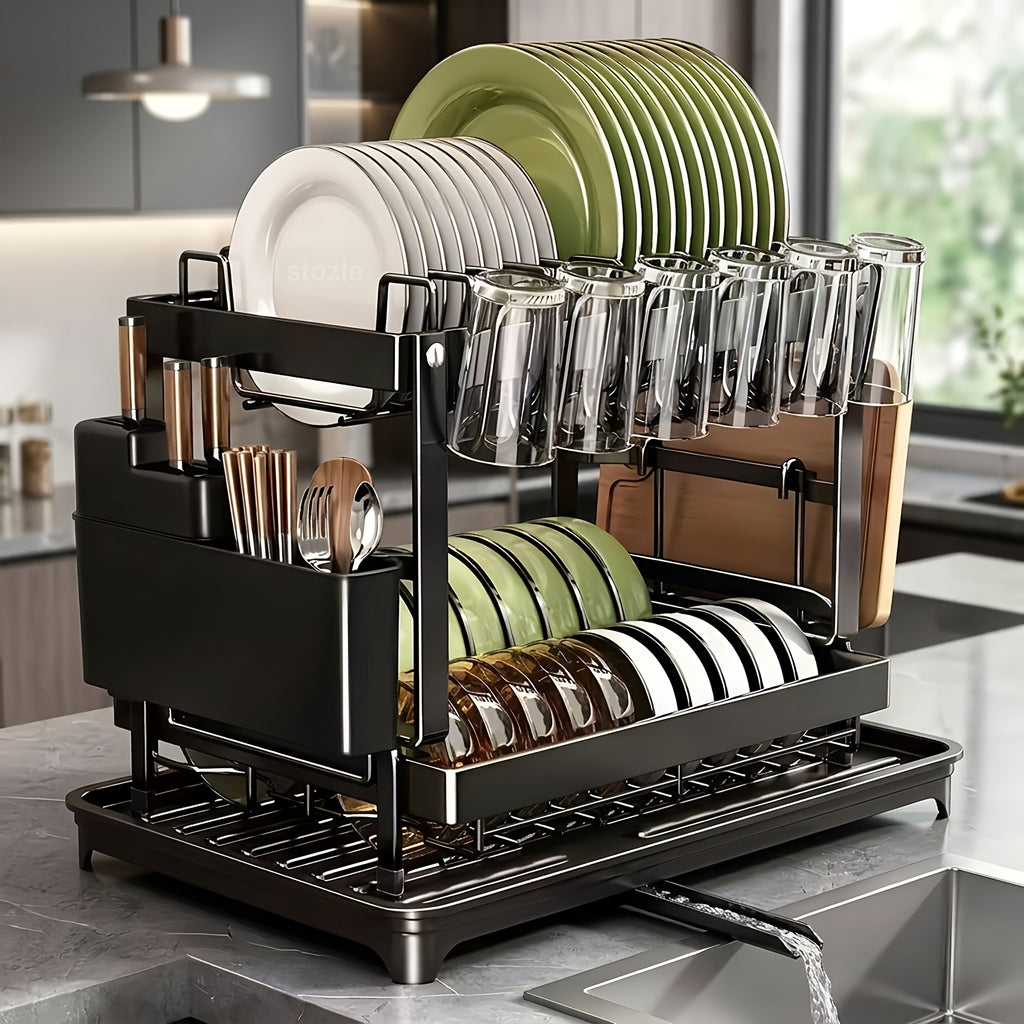 Two-Level Dish Drying Rack for Kitchen Surfaces, Dish Drainer with A Drainboard, Metal Kitchen Dish Holder with Drainage, Two-Tier Kitchen Drying Rack, Black Dish Holders, Standing Shelf Units, Standing Shelf