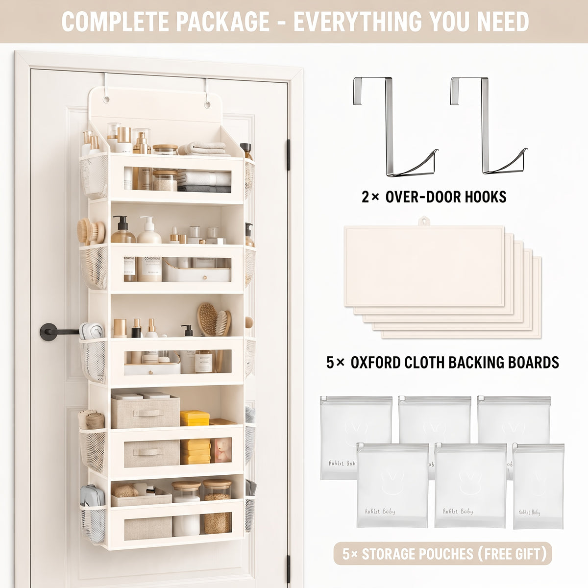 [5-Tier Storage Box] Door Storage Box, Hanging Door Storage Box with 5 Large Capacity Pockets | Anti-tilt 44 Pound Load Back Of Door Storage Box for Bedroom, Bathroom, Pantry, Room Storage And Collection Use Over The Door Pantry Organizer