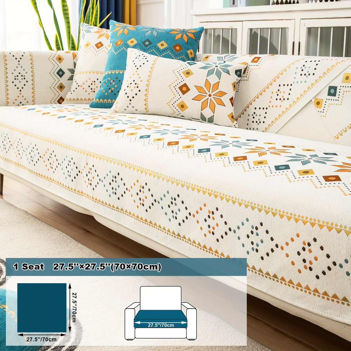 1pc Bohemian Chenille Sofa Cover Suitable for Sofa Sizes (Single to Four-Seater) - Thick Plush Non-Slip Couch Cover with Geometric Embroidery, Chenier Fabric Slipcover Fits for Sectional Sofas, Machine Washable Furniture