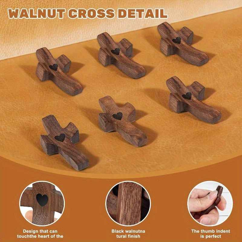 20pcs Black Walnut Thumb Crosses - Handcrafted Natural Wood Religious Hand Ornaments for Christmas, Easter, Thanksgiving, Indoor Home & Office Decor, Religious Christmas Decorations, Simple Elegant Design, Detailed Carving