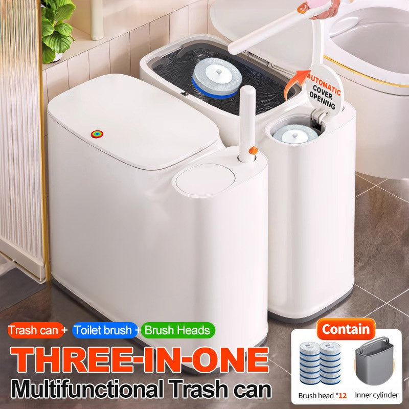 2-In-1 Trash Can with Toilet Brush And Brush Head | White Rectangular Modern Bathroom Narrow Seam Trash Can with Push-On Lid, Disposable Toilet Brush, Ivory, Bathroom Decor And Additions, Floor Mount, Plastic, JOYBOS