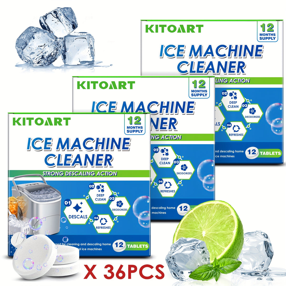 12 Ice Maker Cleaning Tablets - Gentle Formula for Deep Cleaning, Deodorizing & Scaling, Safe & Non-Toxic, No Residue, Sodium Chloride Formula, Compatible with All Ice Machines, 12pcs/24pcs/36pcs Three Specifications Are Available