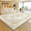 Beige Floral Area Rug, Machine Washable 850 GSM Polyester Velvet with Non-Slip Backing and Cream Geometric Pattern for Living Room, Bedroom and Home Office