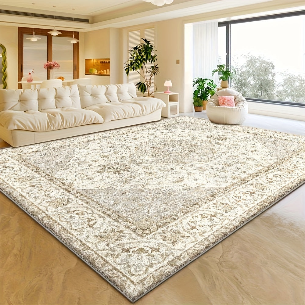 Plush Velvet Floral & Geometric Area Rug - 850 GSM Non-Slip Backing, Machine Washable Polyester - Soft Beige & Cream Design for Living Room, Bedroom, Office - Lightweight Decorative Floor Mat for Game Rooms & Home Decor