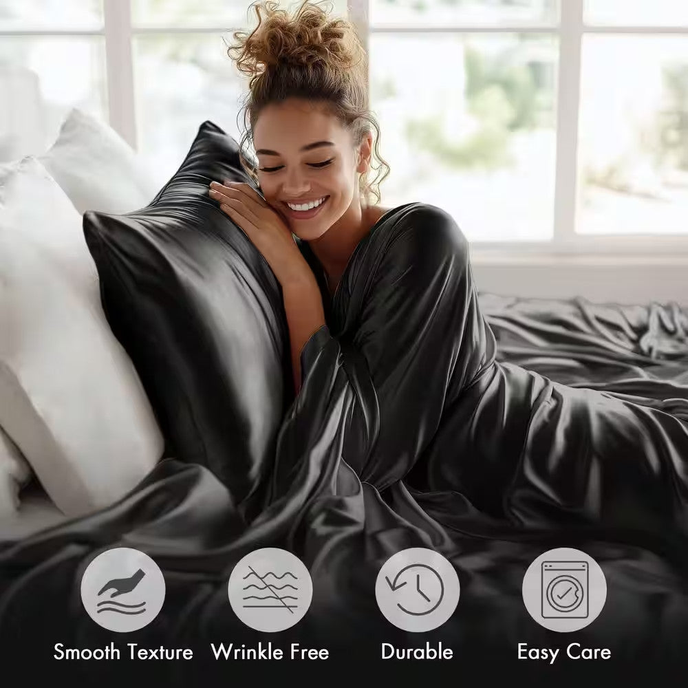 3/4pcs 2100TC Satin Sheets Queen Size Bed Set-Child Satin Bed Sheets Ultra Soft Satin Sheets Queen Set, Breathalbe Satin Bed Sheets Bed Sheets All Sizes Soft Satin Bedding for Bedroom 5 Star Luxury Hotel Experience W/ The Premium Satin Sheets