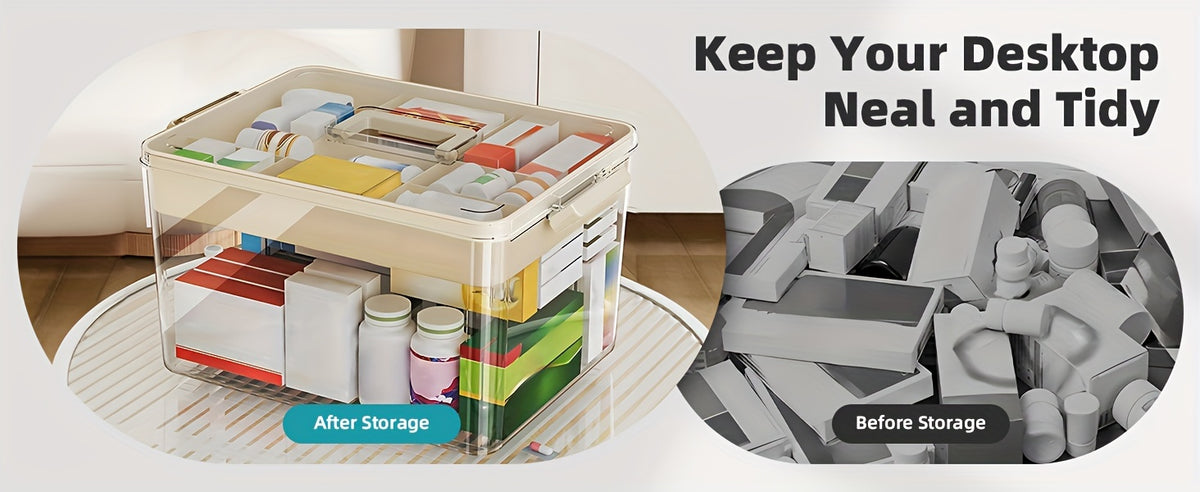 1pc Large Capacity Medicine Storage Box with Easy-Grip Handles - Durable, Multi-layered Plastic Pill Organizer for Household, Travel & Office Use - Secure, Space-Saving Sundries Storage Solution