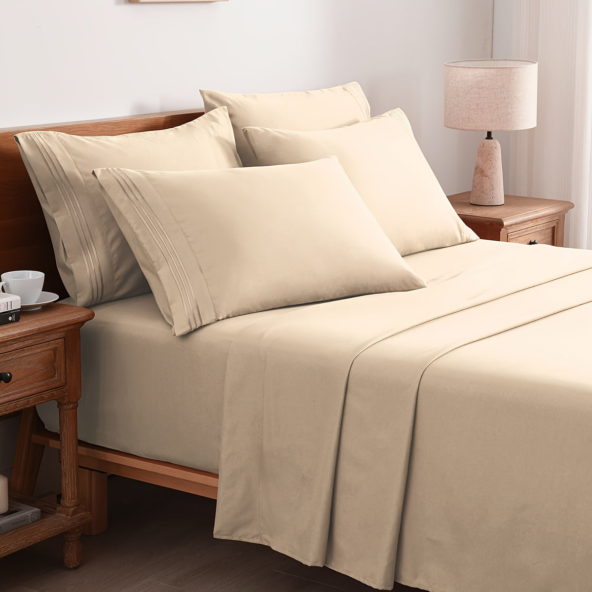 6pcs Summer Cooling Bed Sheet Set, 18 Inch Deep Pocket Ultra Soft Breathable Polyester Solid Color Bedding Three Embroidery 100 GSM Anti Fading Wear Resistant Wrinkle Free Easy Care Bedroom Home Decor