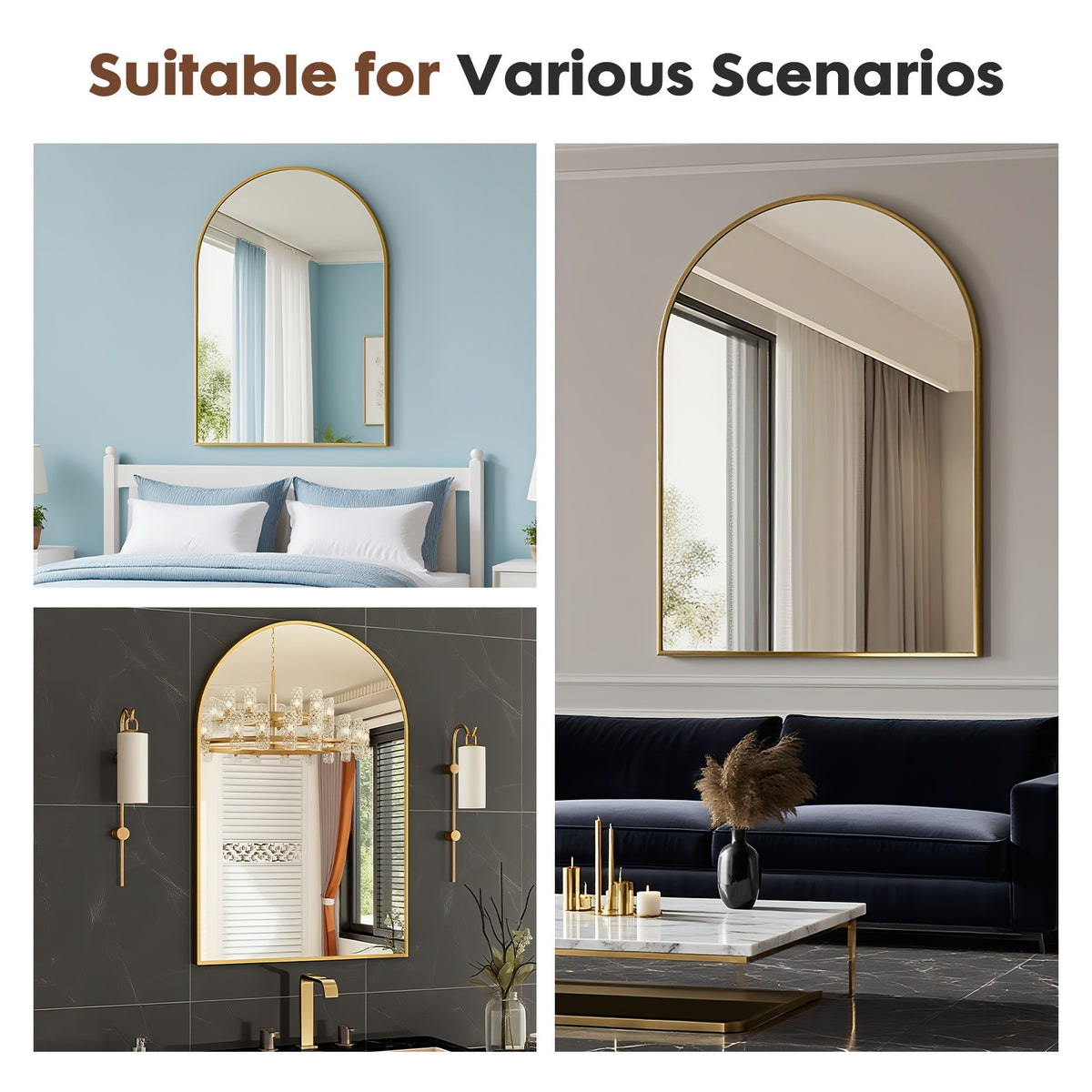 Arched Bathroom Mirror with Metal Frame - 22X30, 24X36, 26X38 Inch Wall Mounted Vanity Mirror for Bathroom, Bedroom, Entryway in Golden Or Black