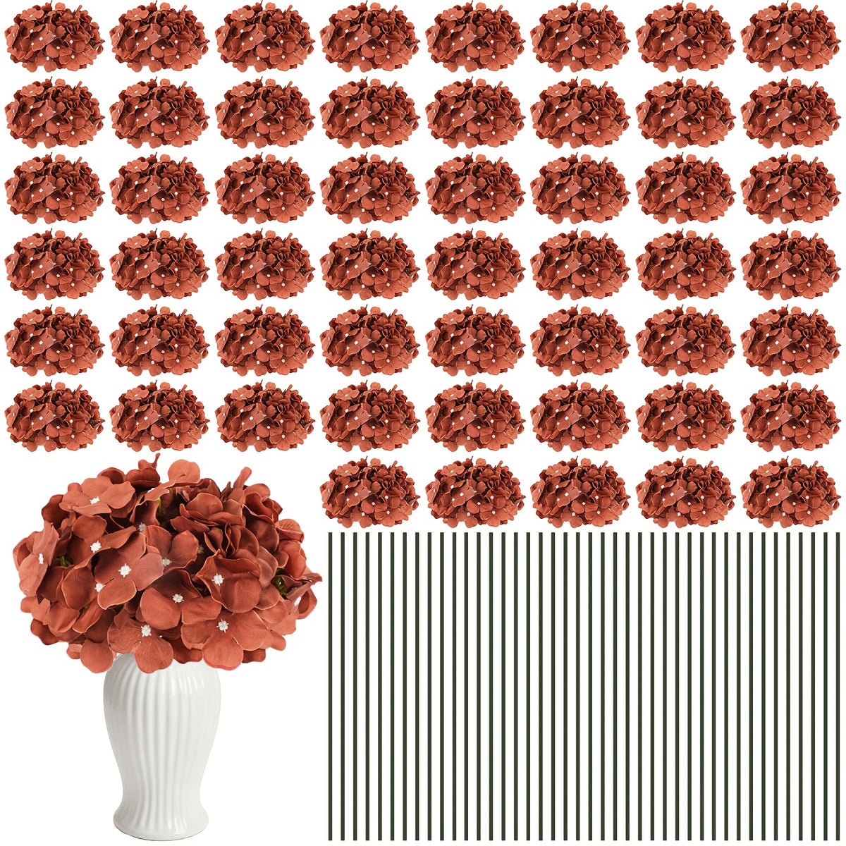 Set of 24 Synthetic Hydrangea Blooms with Stems, Ideal for Wedding Decorations, Home Parties, Baby Showers, And Store Displays. These Floral Arrangements Are Long-Lasting And Can Be Reused, Available in White, Orange, Blue, Dreamy Purple, Champagne