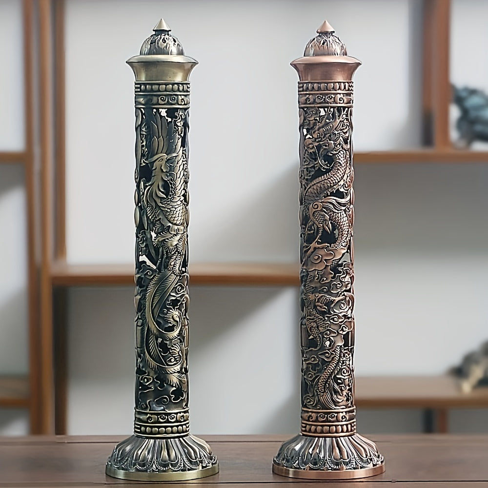 Metal Incense Stick Holder Featuring a Retro Vertical Design, Heart Sutra, Dragon, And Phoenix Motifs, Perfect for Home Or Office Ceremonial Decoration