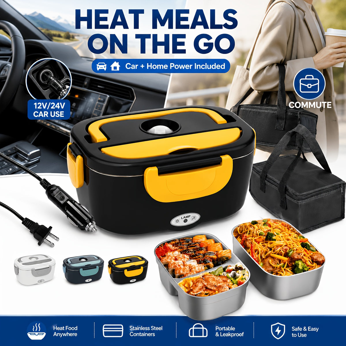 Electric Lunch Box Food Warmer with DC12-24V Car and AC120V Home Power, Portable Divided Meal Container and Insulation Bag for Office Travel