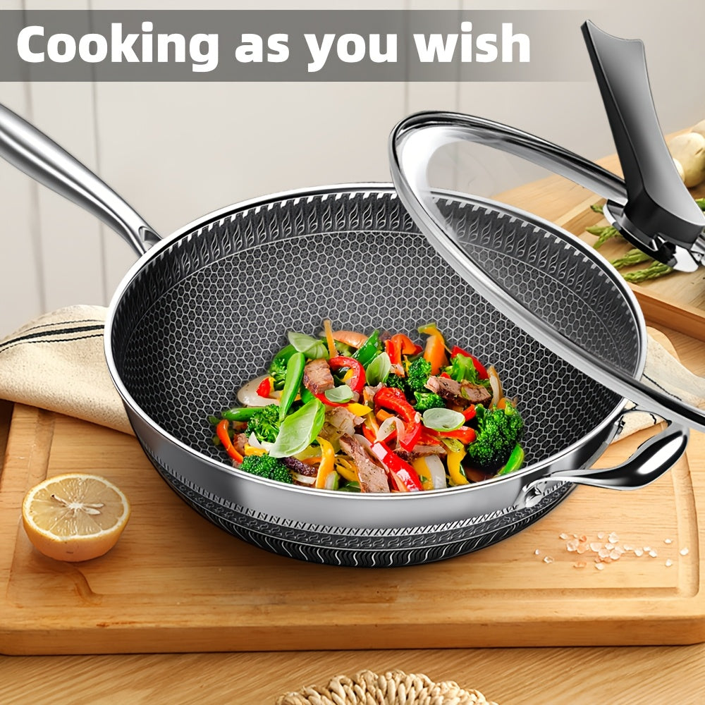 13.3-Inch Tri-Ply Stainless Steel Non-Stick Wok with Lid And 2pcs Cookware Additions, Honeycomb Design, Home Cooking Pan, Suitable for All Stoves, Kitchen Utensils, Kitchen Tools, Kitchen Accessory, Kitchen Supplies Camping