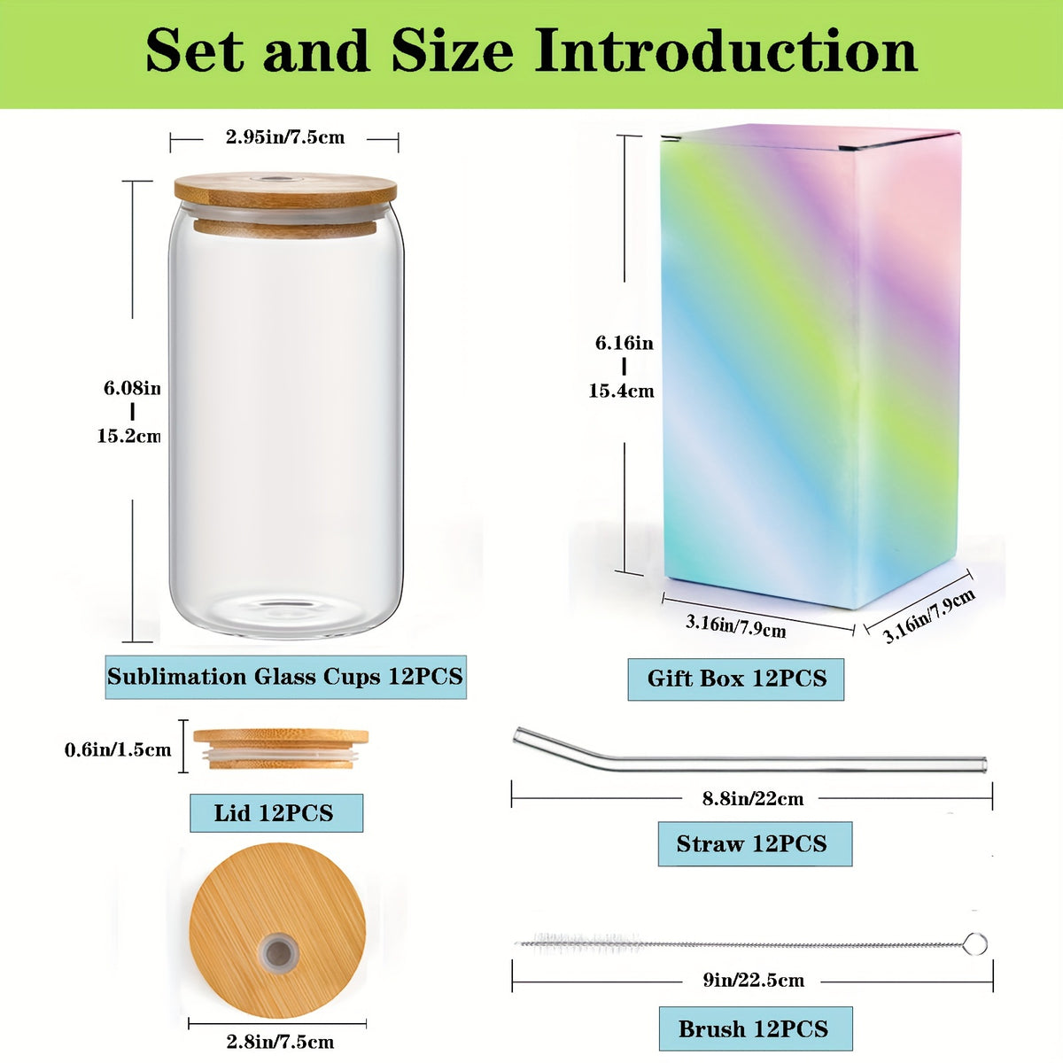 12Pack Sublimation Frosted/ Clear Glass Cups with Bamboo Lid 16oz Glasses Tumbler with Straw and Brush