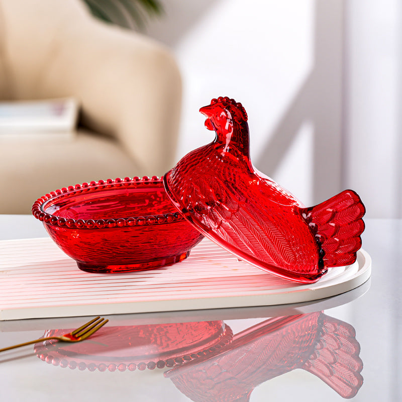 Glass Hen Candy Dish with Lid, Chicken Shaped Storage Jar in Orange, Colorful, Amber or Clear Options for Wrapped Treats, Jewelry and Table Decor