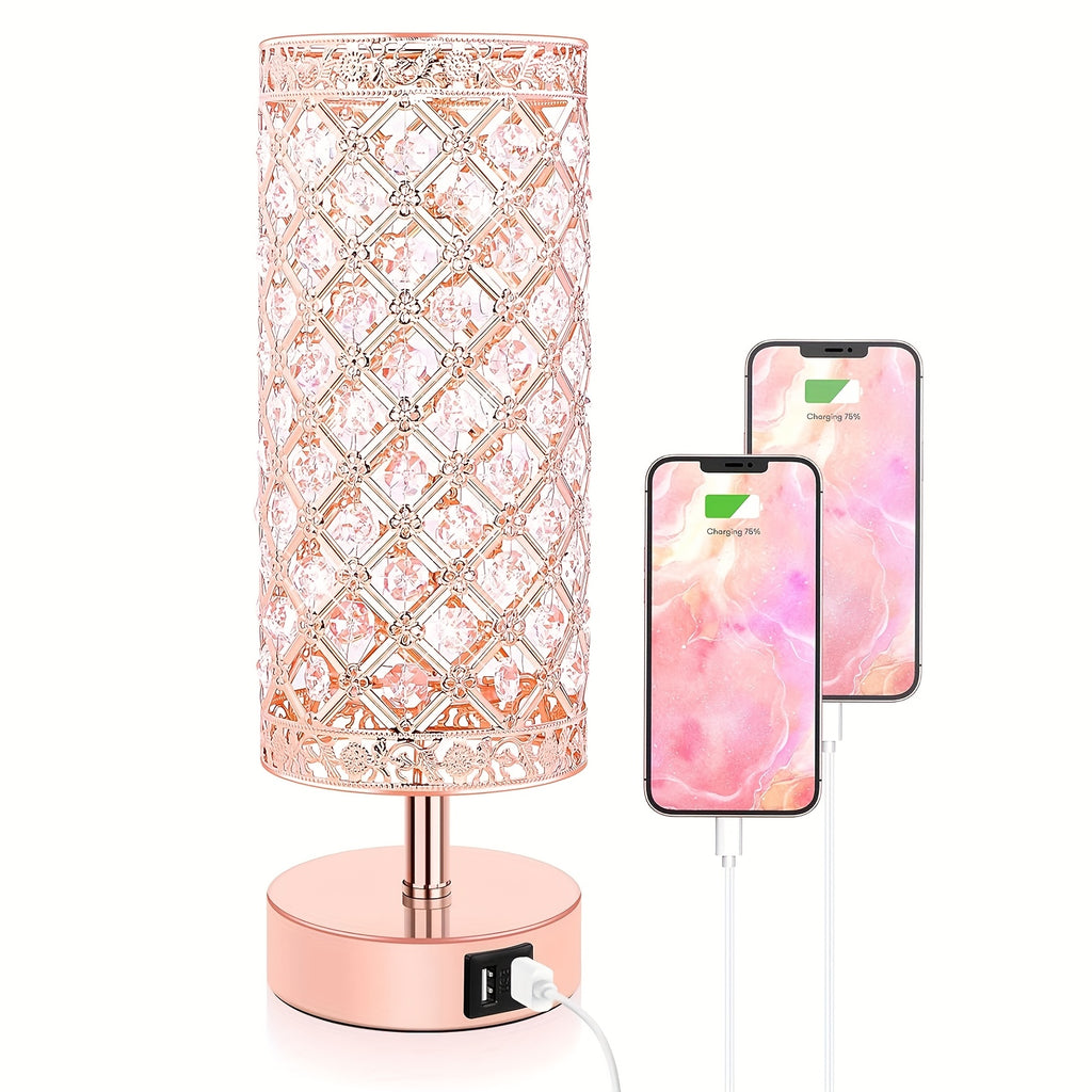 Crystal Bedside Table Lamps with Touch Control, 3-Way Dimmable Nightstand Lighting with Dual USB Ports and LED Bulb Included, 1 or 2 Pack for Home and Office