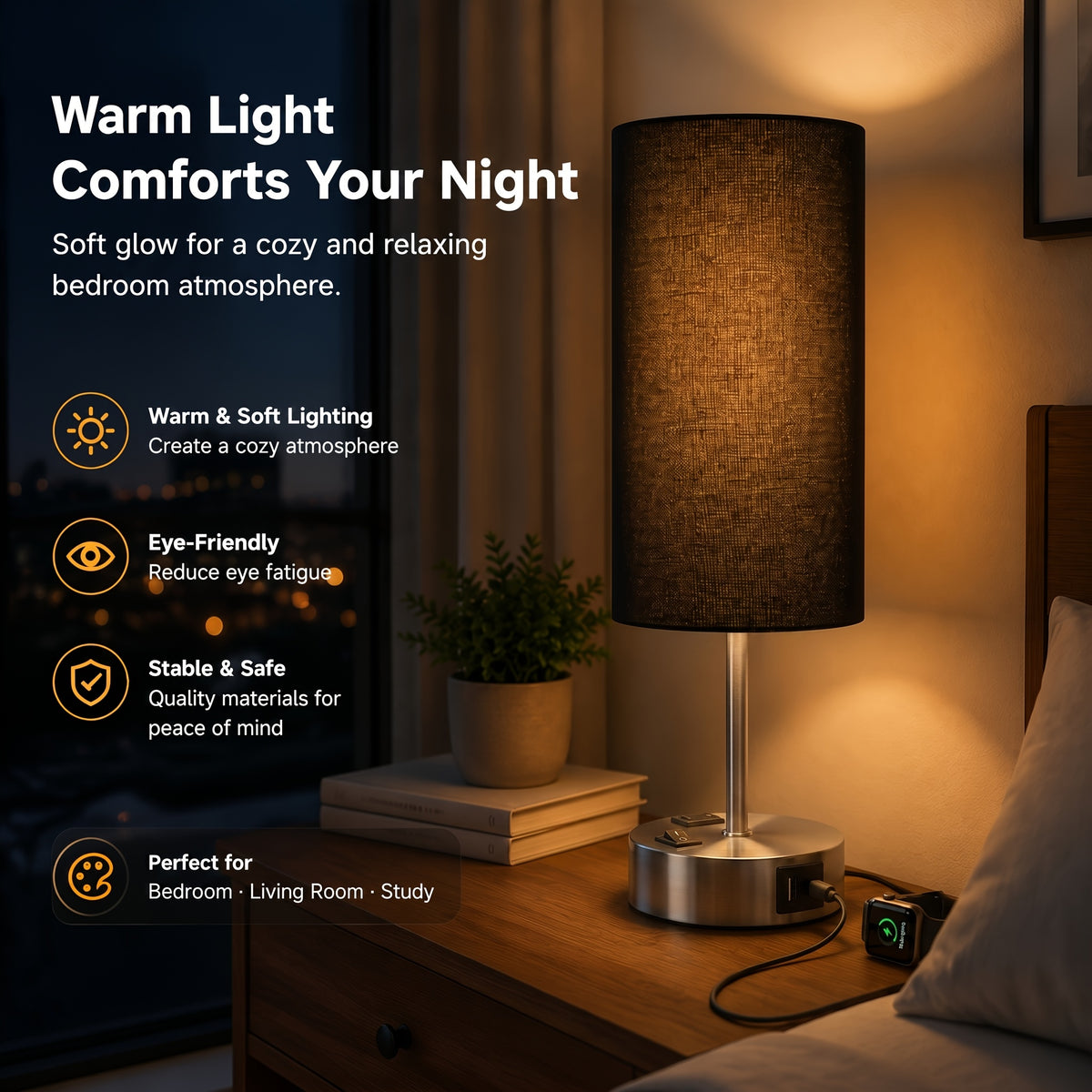 Dimmable Table Lamps with USB Charging Ports And AC Outlet, 3-Way Switch Control Bedside Nightstand Lamps, Wood/Metal Base, Modern Desk Lamps for Bedroom, Living Room, Office, Bulbs Included (1/2 Pack)