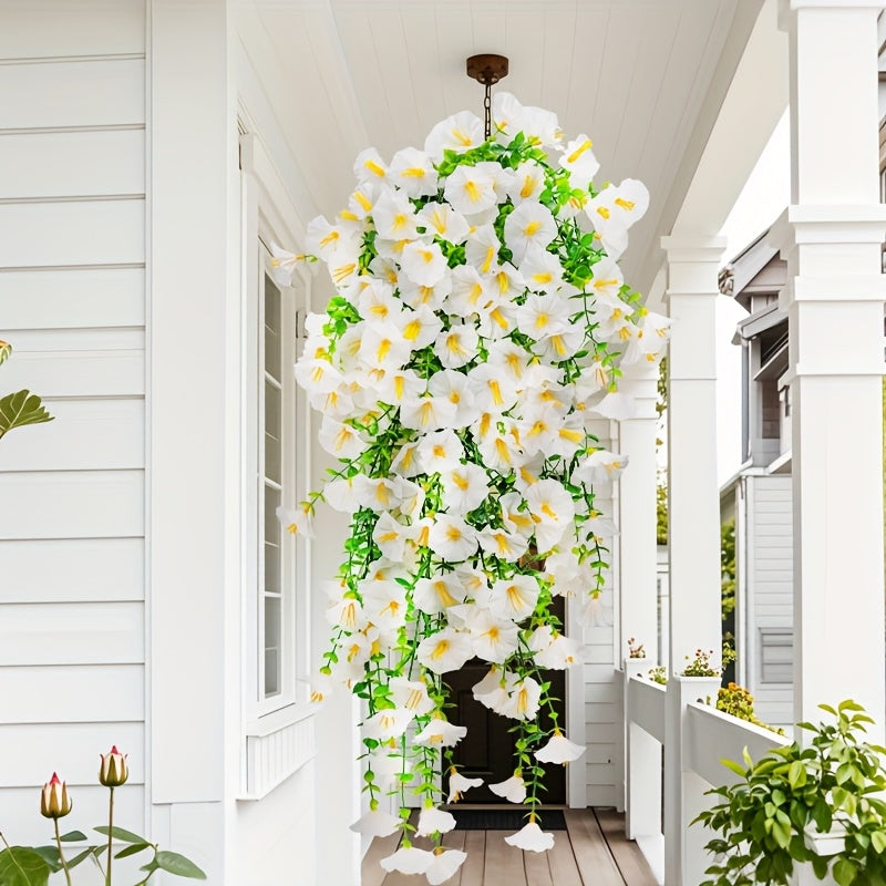 4 Bundles Artificial Flowers, Outdoors Decoration, Hanging Morning Glory, Colorful Outdoor Artificial Flowers UV Resistant Fake Flowers Greenery Shrubs Plants for Front Porch Window Box Hanging Garden Home, for Thanksgiving, Christmas, Mother'S Day