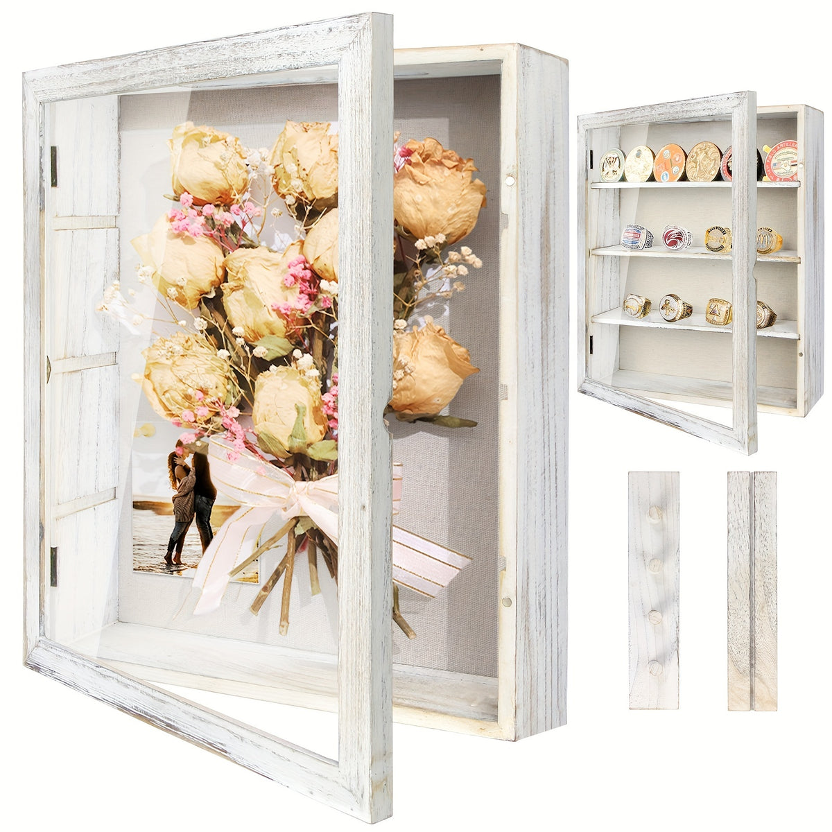11x14 Large Country Memory Display Box Flowers, Pictures, Championship Rings, MEDALS, Coins, Pin Collection And More, Including 4 Removable Shelving Shadow Box Frames