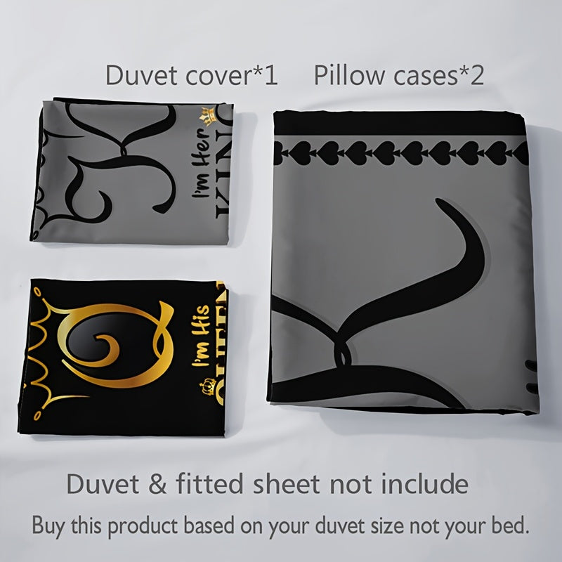 3pcs Super Soft Breathable Crown King And Queen Letter Duvet Cover Set (1 Duvet Cover+2 Pillowcases Without Pillow Core), at Home Dormitory High Definition Numerical Code Printing for Bedroom, Guest Room Decor, Suitable for All Seasons