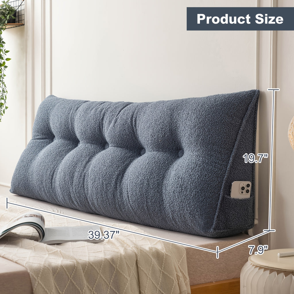 Headboard Reading Pillow, Triangular Teddy Velvet Backrest Cushion with Side Pocket and Removable Washable Cover for Twin, Queen and King Beds