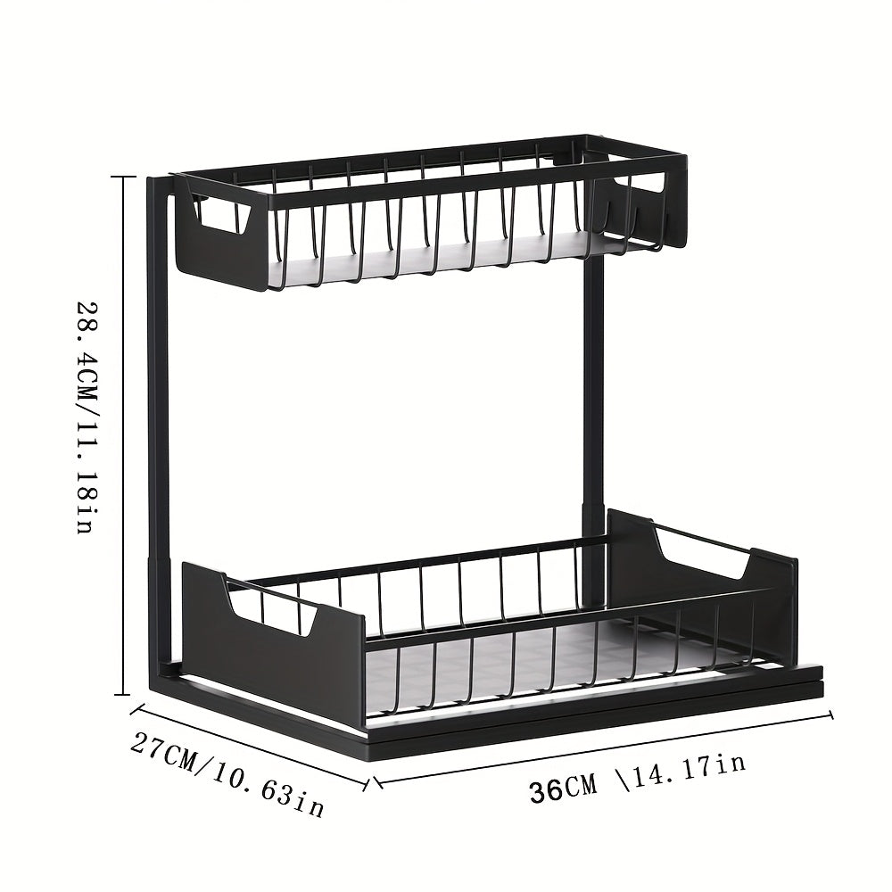 Sliding Under Sink Storage Rack, Two-Tier Metal Cabinet Organizer with Narrow Upper Basket and Pull-Out Lower Drawer in Black White or Gray, 1 or 2 Pack