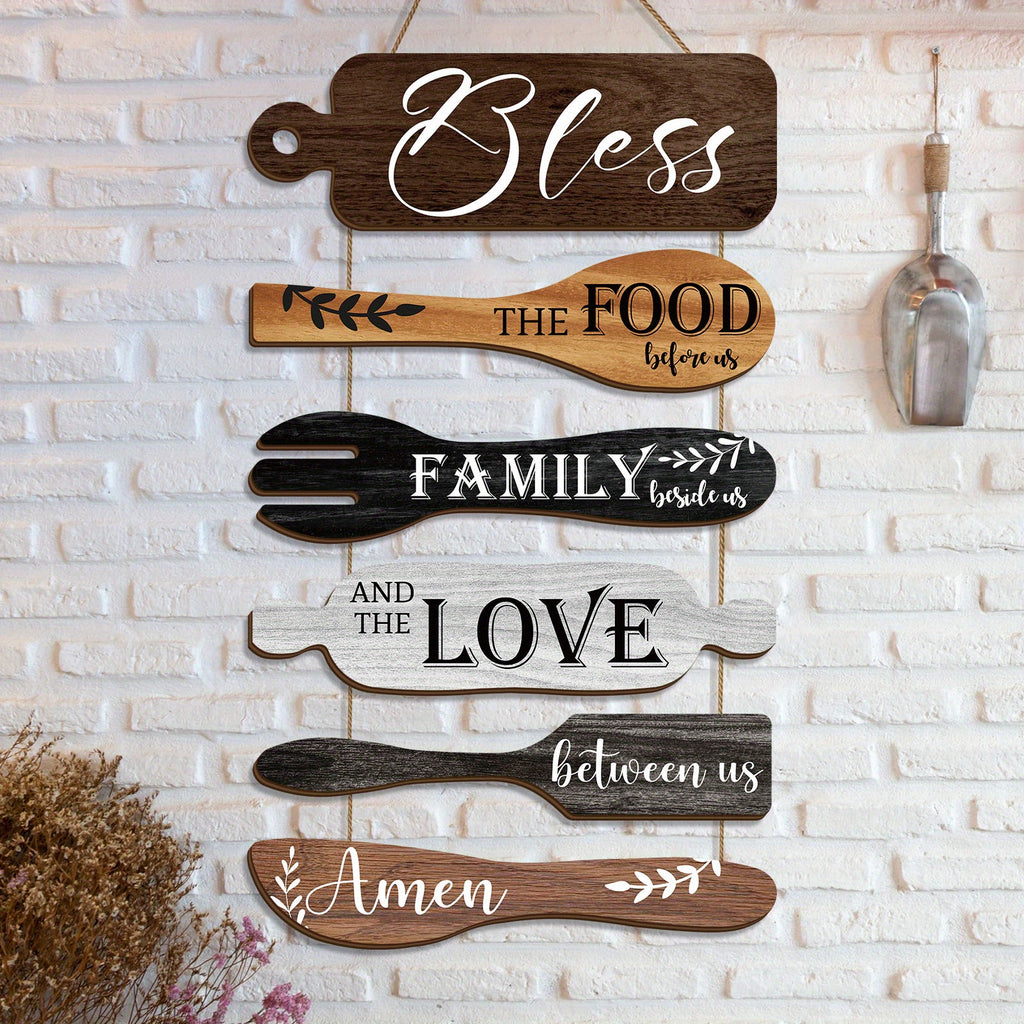 6 Pieces Bless The Food Before Us Farmhouse Kitchen Wall Decor Wood Board Set - Dining Room Decor Hanging Wall Art, Simple Rustic Style - Wood Rope Plaque Sign