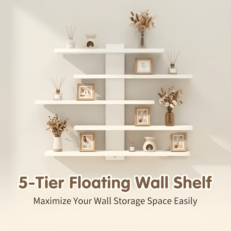 5-Tier Adjustable Wall-Mounted Floating Display Shelves, Fiberboard Modern Decorative Storage Rack, Multifunctional Home And Office Shelving Unit for Action Figures, Building Blocks, Collectibles, Dolls, Statues, Perfect Holiday Gift