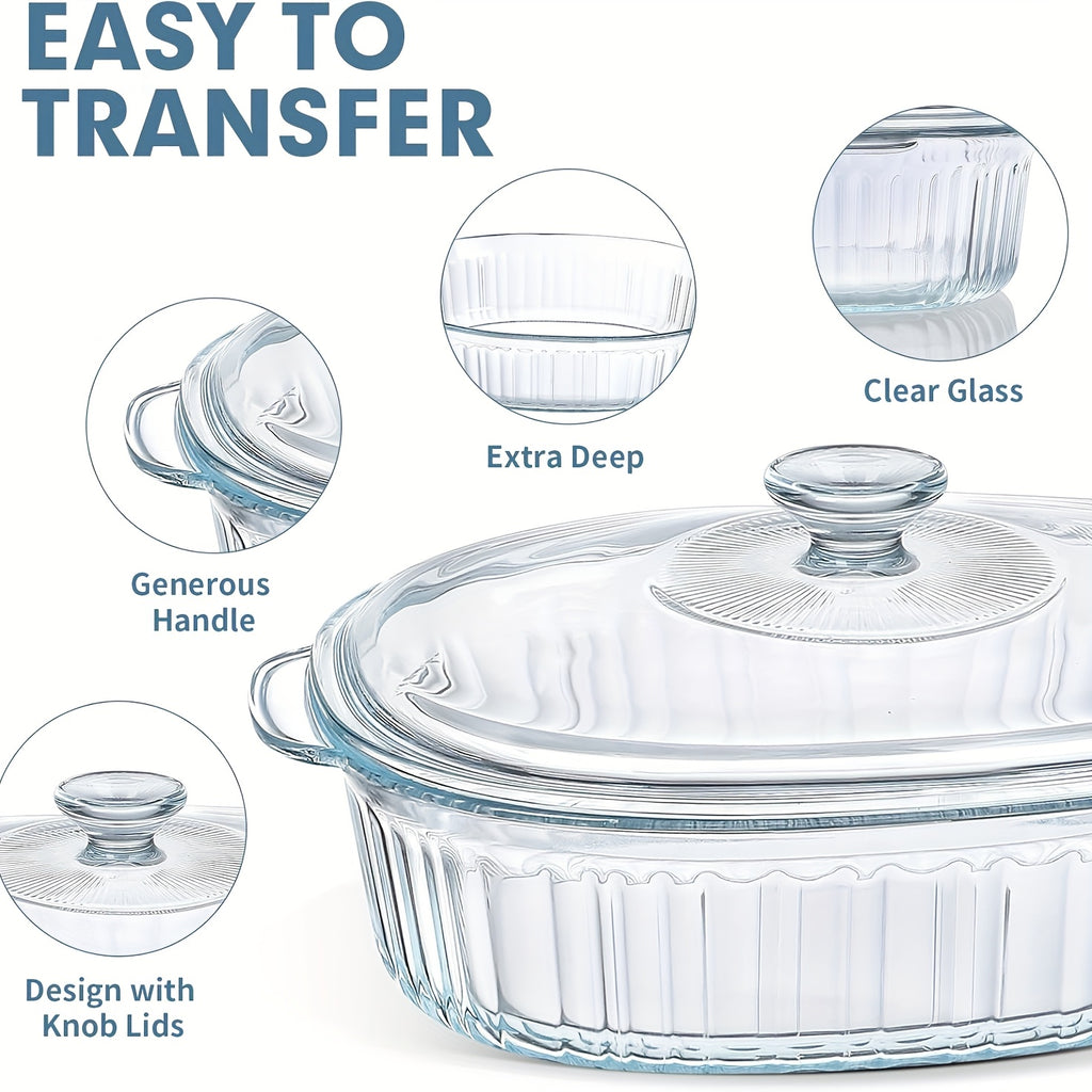 Elegant Glass Casserole with Lid Set | Oval Roaster, Transparent Covered Cookware, 50oz & 85oz | Oven & Microwave Safe, for Baking, Cooking, Desserts, Chicken, Pasta