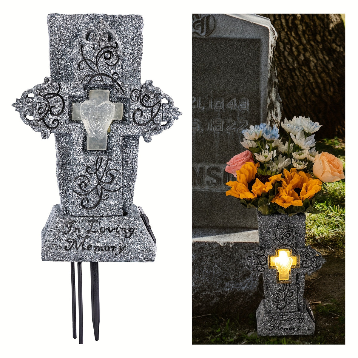 Solar Cemetery Grave Vase with LED for Fresh/Artificial Flowers Headstones Vases with Spikes Gravestone Decor Memorial Gifts for Loss of Loved One