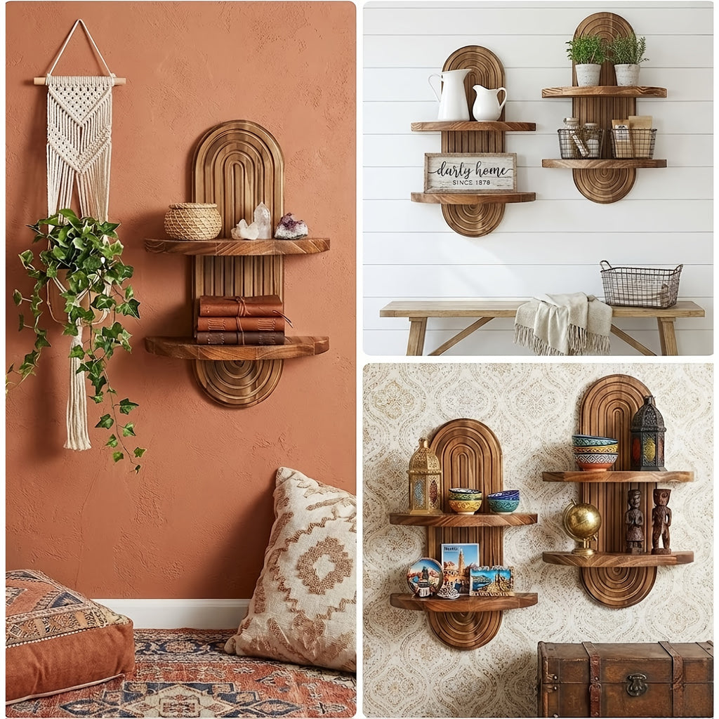 Boho Wood Wall Shelf with Rainbow Arch Design, Two-Tier Natural Solid Wood Plant and Keepsake Display for Bedroom, Living Room and Entryway Decor