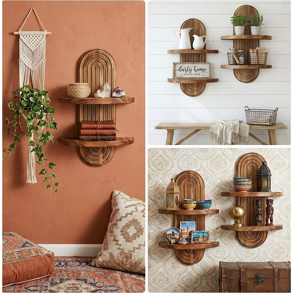 Boho Wood Wall Shelf with Rainbow Arch Design, Two-Tier Natural Solid Wood Plant and Keepsake Display for Bedroom, Living Room and Entryway Decor